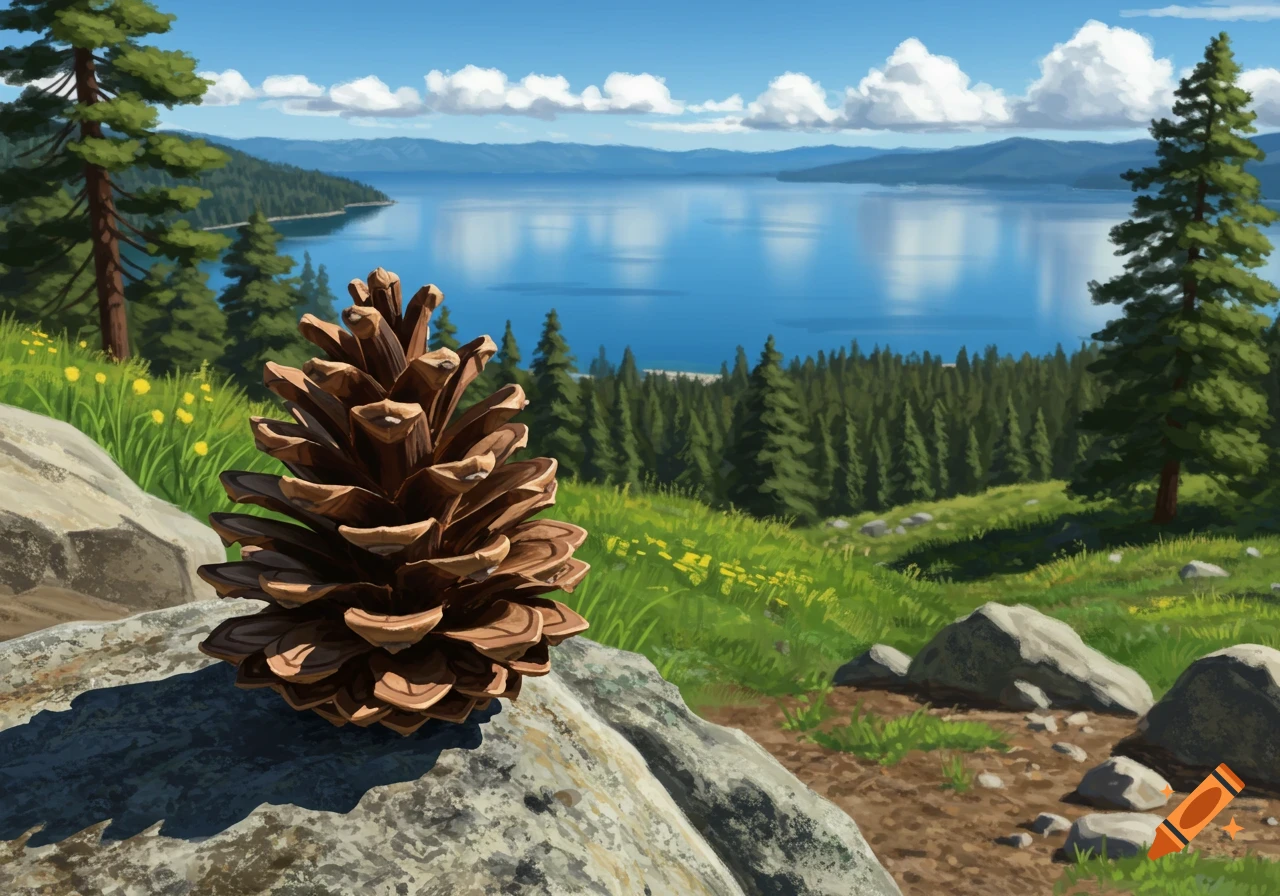Digital painting of a large pinecone on a rock, overlooking a blue lake, surrounded by green forests and mountains.