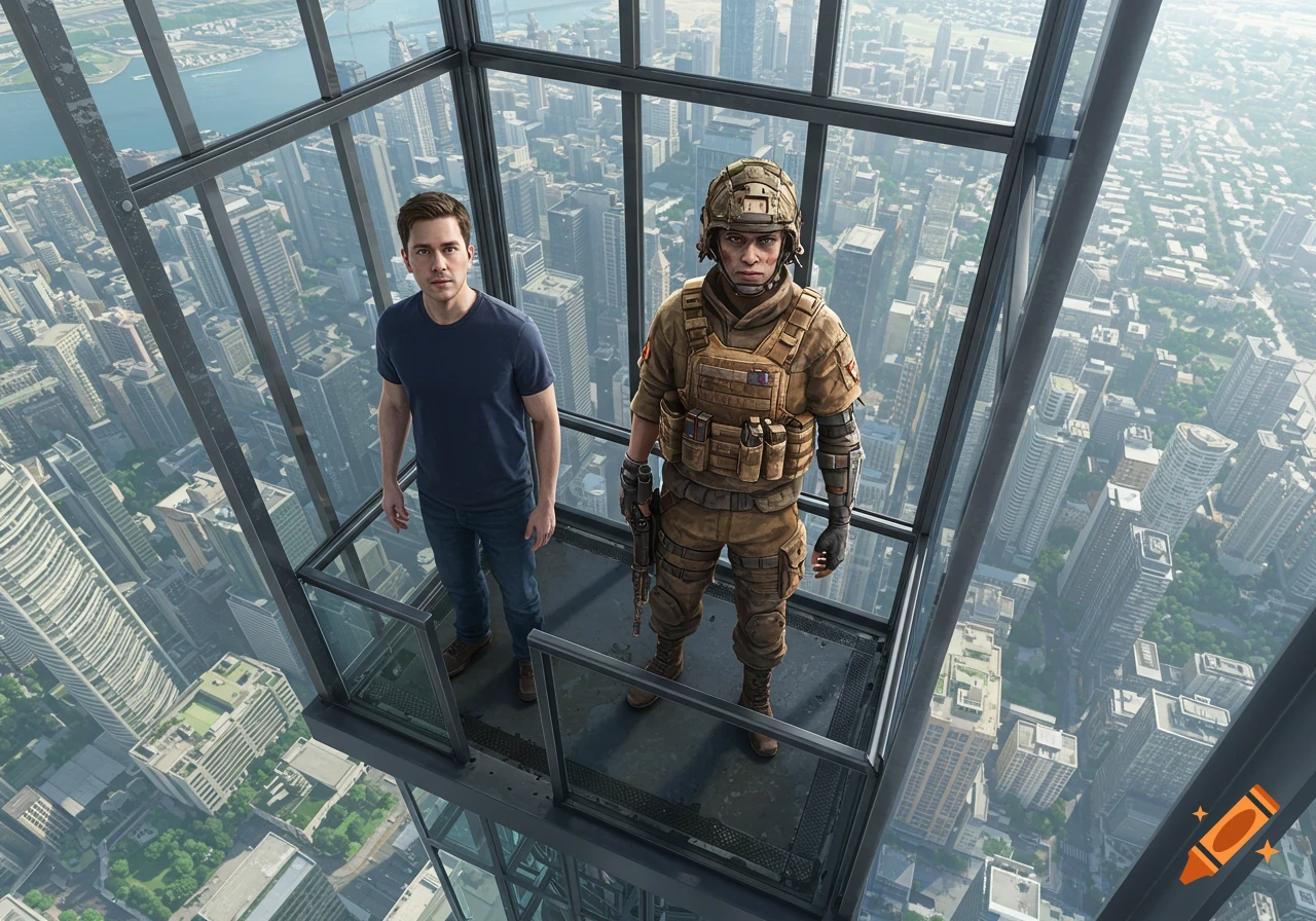 Two men, one in military gear, stand in a glass elevator high above a sprawling city.