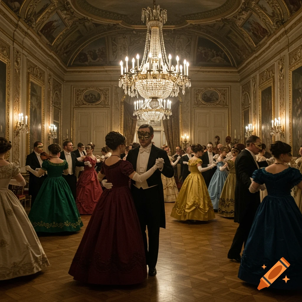 Photorealistic image of many elegantly dressed people dancing at a grand masquerade ball in an ornate ballroom.