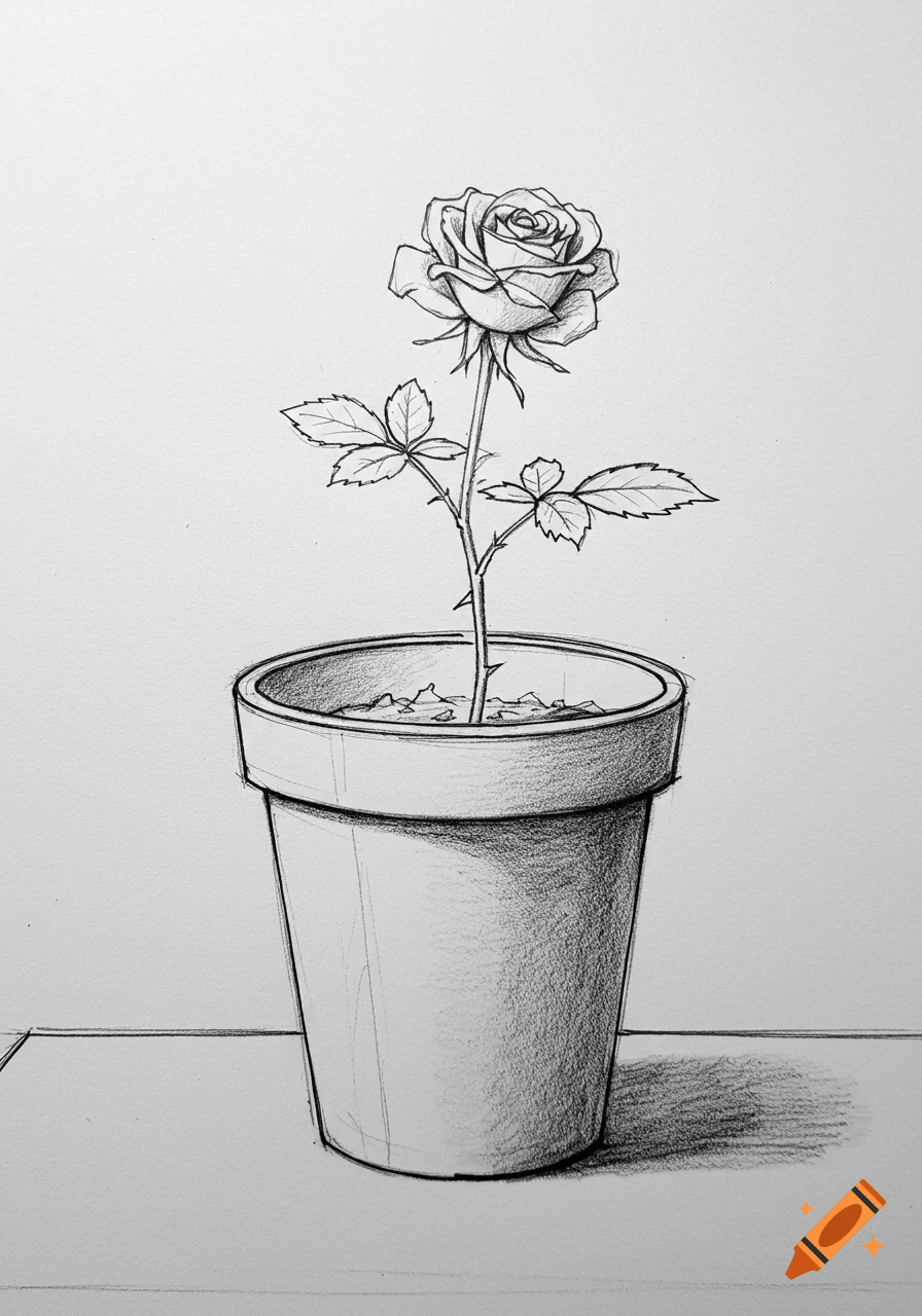 A black and white sketch of a single rose plant with leaves in a flower pot, casting a shadow on a table.