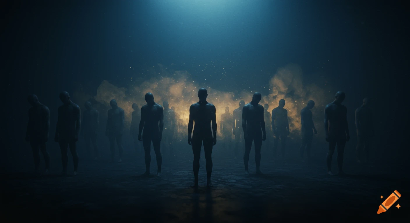Silhouettes of numerous figures stand in a dark, smoky, blue-lit landscape, with one central figure facing forward.