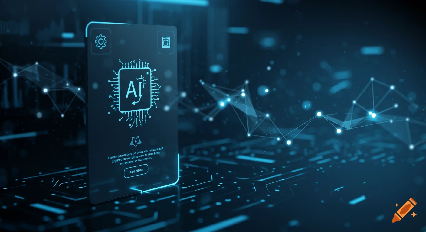 A glowing blue AI chip on a translucent screen in a futuristic digital environment, surrounded by abstract network lines.