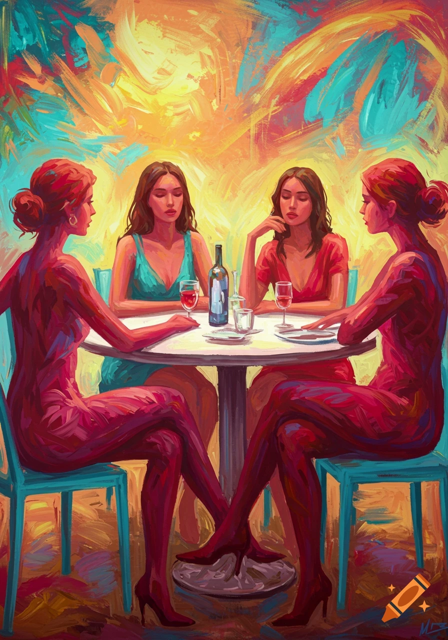 Abstract painting of four women sitting around a table with wine glasses, depicted in a vibrant, colorful, expressive style.