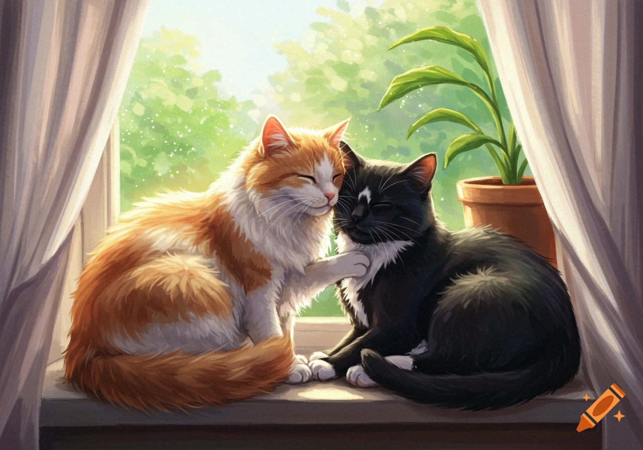 A cute orange and white cat hugs a black and white cat on a sunlit windowsill with green foliage outside, in a soft painterly style.