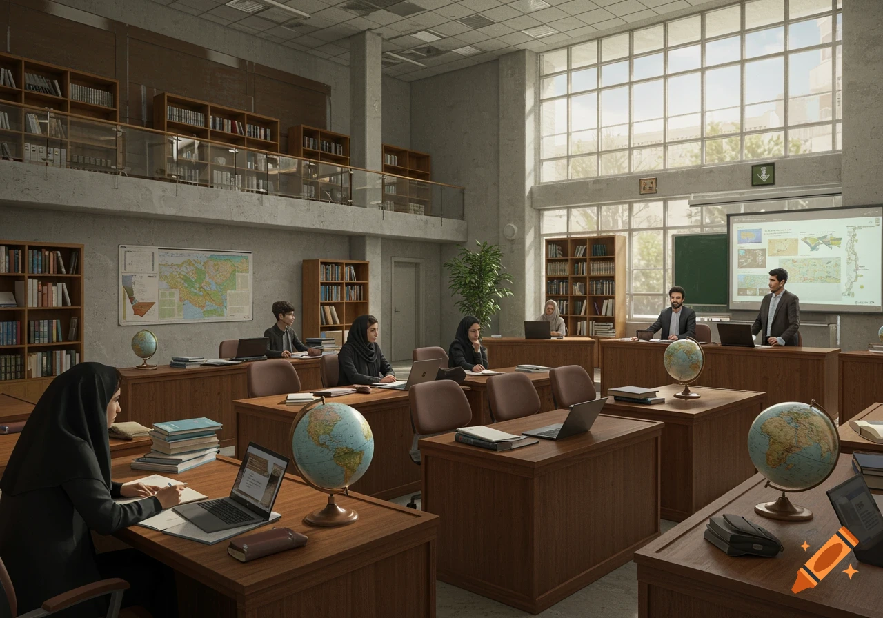 A diverse group of students and professors in an Iranian university classroom, with men and hijab-wearing women attending a presentation in a bright room with tall windows, globes, and bookshelves.