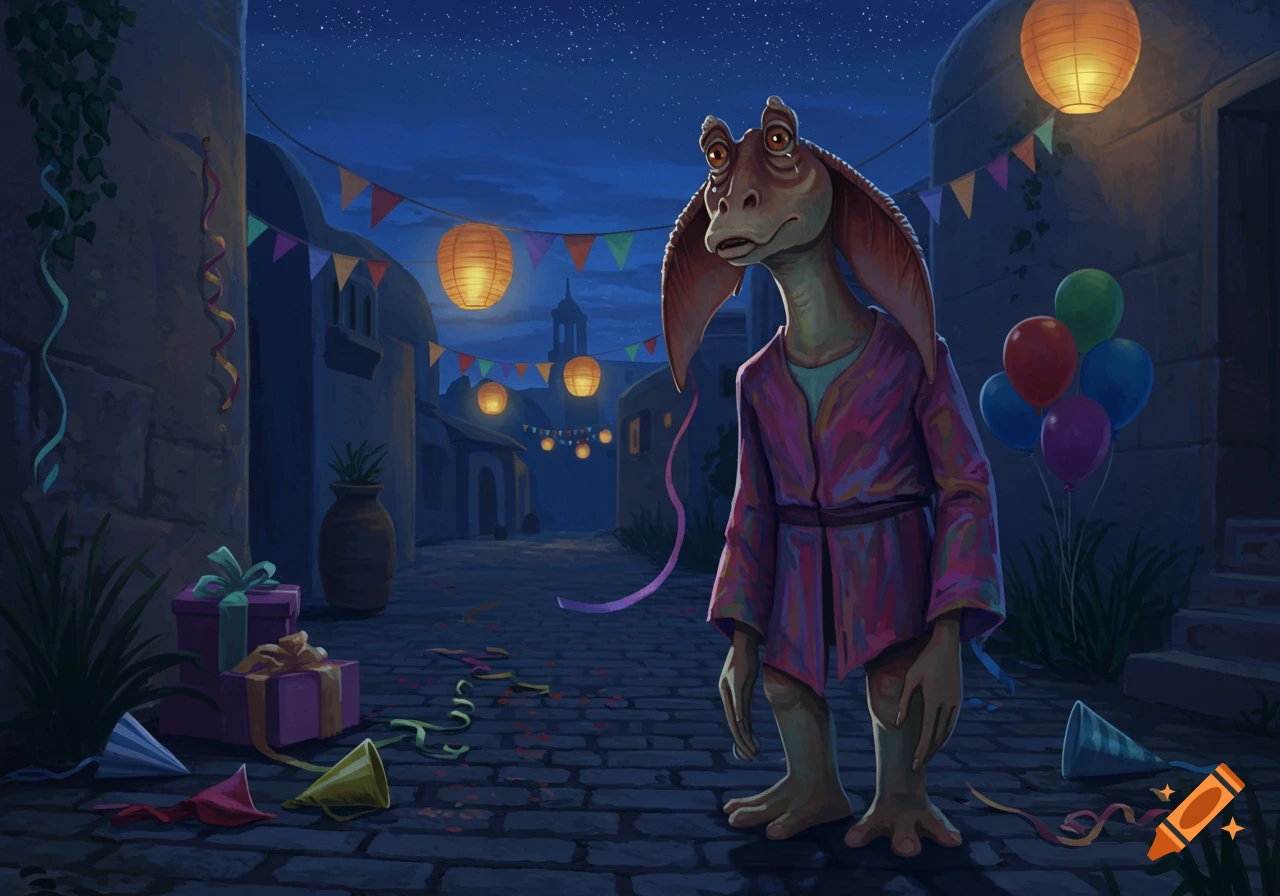 Sad Jar Jar Binks stands alone on a dark street, surrounded by scattered party debris, lanterns, balloons, and presents.