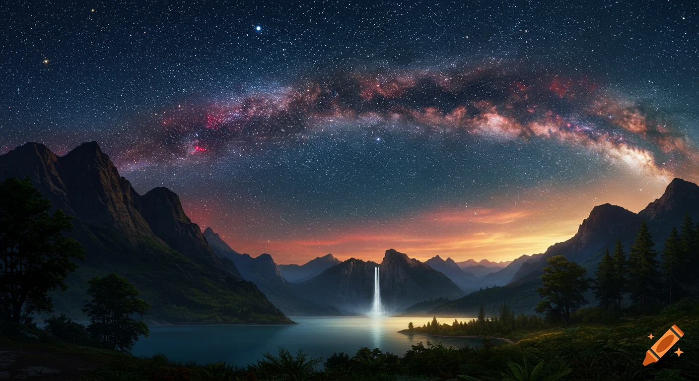 Epic night landscape with mountains, a tranquil lake, a glowing waterfall, and the vibrant Milky Way under a starry sky with sunset hues.