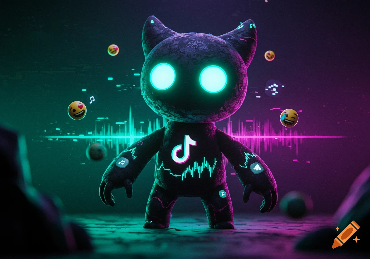 A dark, textured monster with glowing teal eyes and the TikTok logo on its chest, surrounded by neon sound waves and emojis in a futuristic setting.
