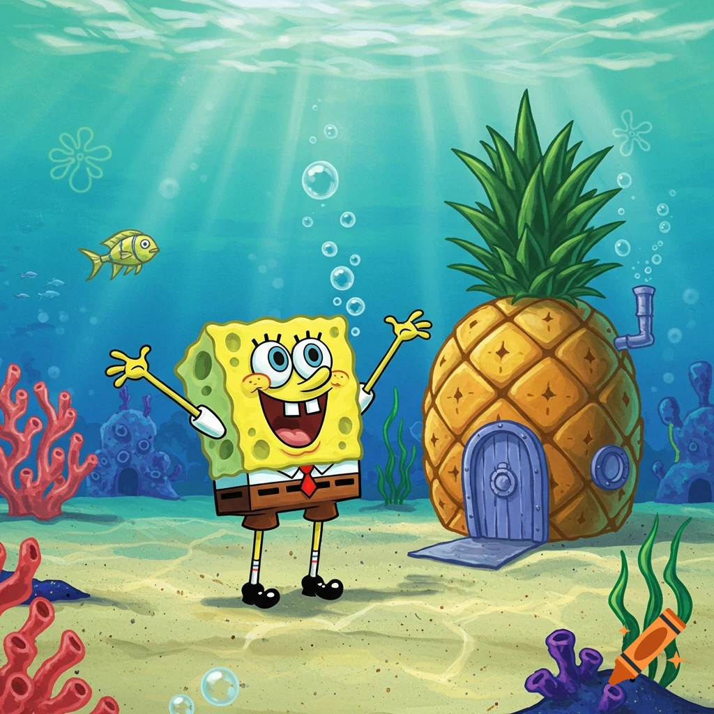 Spongebob Squarepants smiling with arms up next to his pineapple house on the ocean floor, cartoon style.