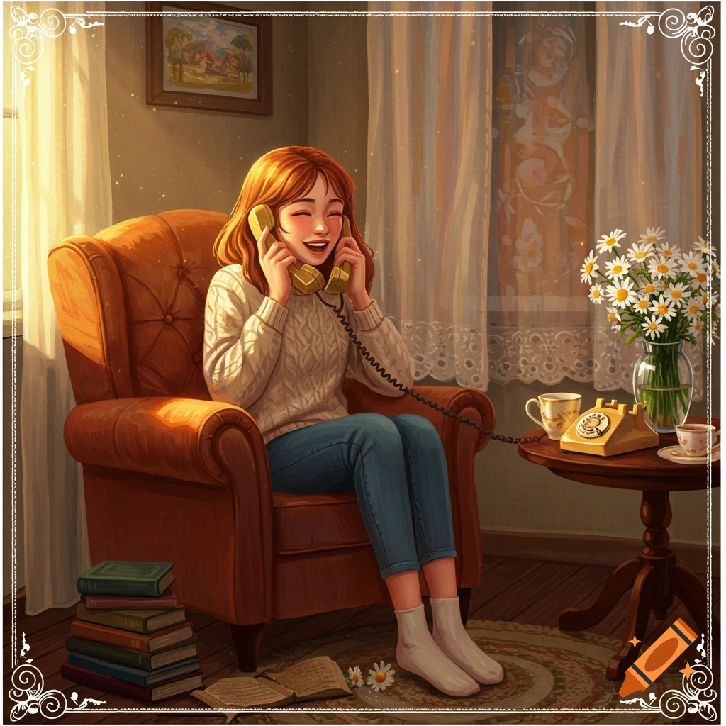 An illustrated woman with red hair sits in a brown armchair, smiling and talking on a yellow vintage telephone in a sunlit, cozy room.