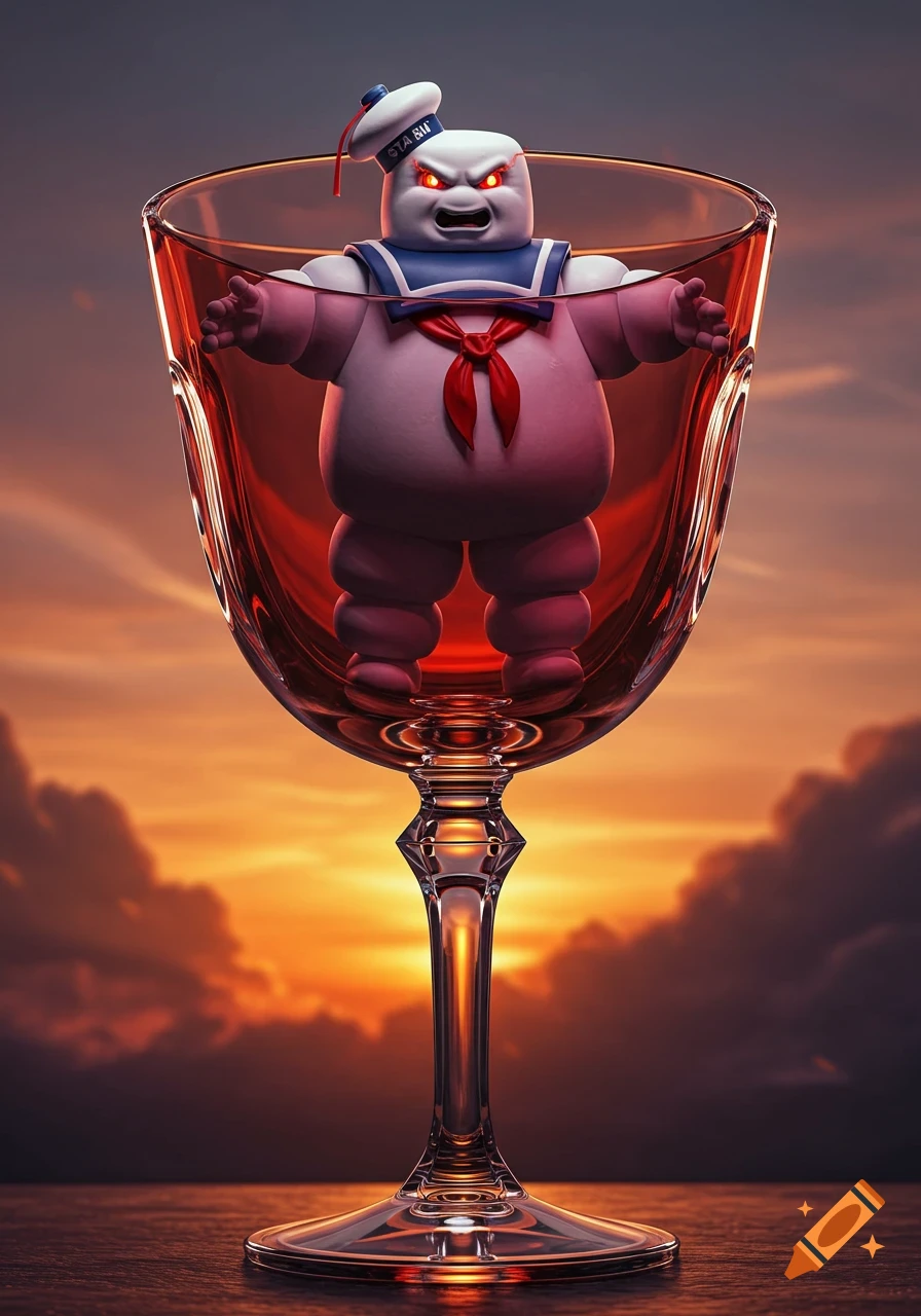 An angry Stay Puft Marshmallow Man with glowing red eyes stands inside a wine goblet, filled with red liquid, against a vibrant sunset sky. Stylized digital art.
