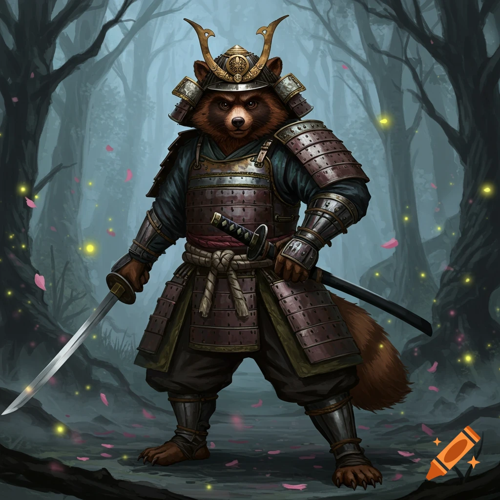 A tanuki warrior in ornate samurai armor holds a katana in a mystical forest with glowing fireflies and falling pink petals.