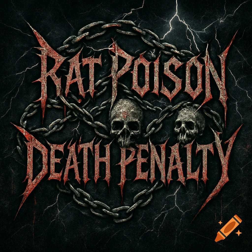 Gritty metal band logo for 'Rat Poison Death Penalty' with spiky red text, chains, and two skulls on a dark background with lightning.