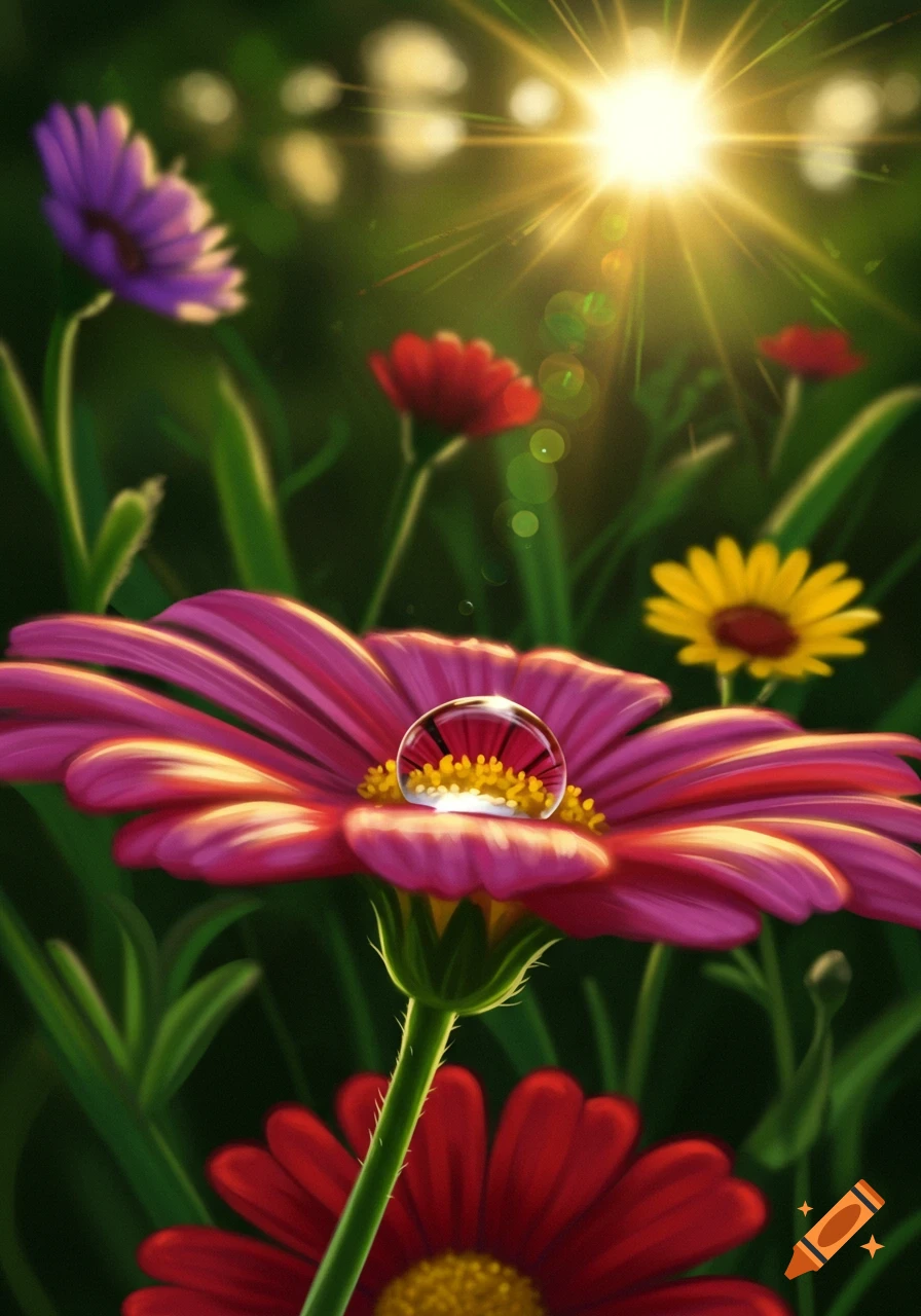 Close-up digital painting of a vibrant pink flower with a dewdrop on its center, surrounded by other colorful flowers and a bright sunbeam.
