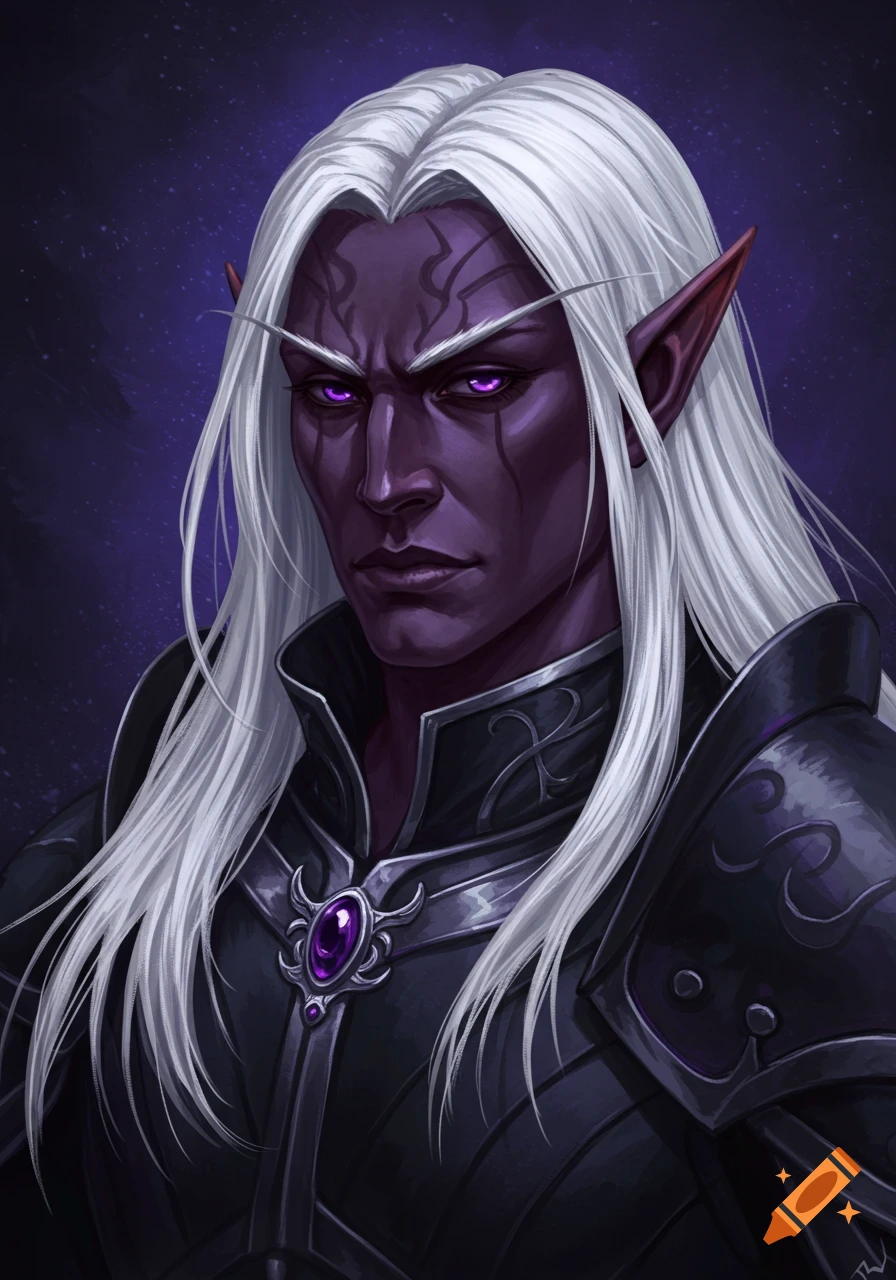 Digital art portrait of a stern male drow dark elf with long white hair, purple skin, glowing purple eyes, and black leather armor.