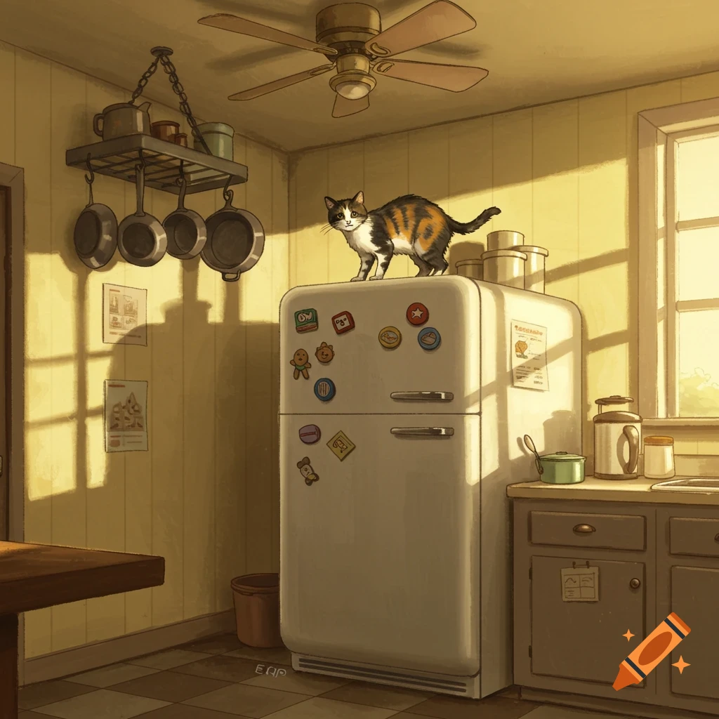 An illustrated calico cat sits on top of a refrigerator in a warm, sunny kitchen.