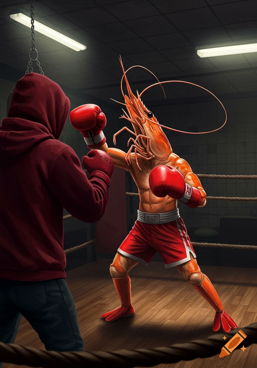 An anthropomorphic shrimp in red boxing gear punches a person in a red hoodie in a boxing ring in a gym, in a stylized illustration.