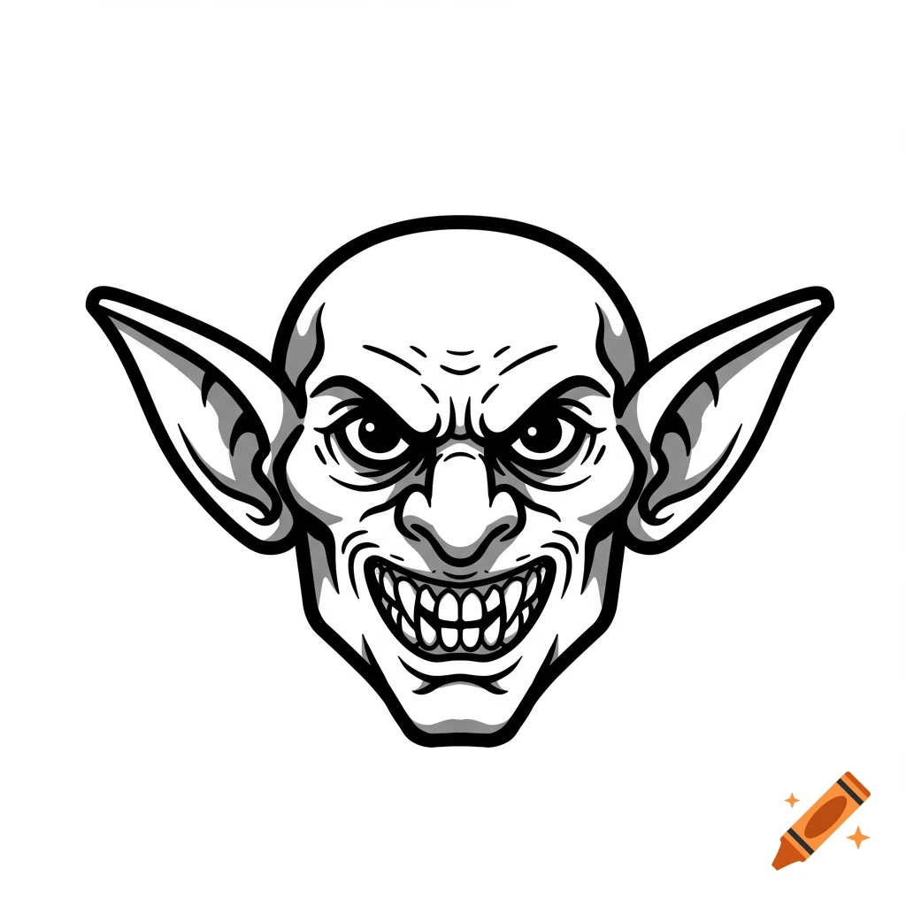 A black and white minimalist illustration of a menacing goblin face with pointed ears and sharp teeth.