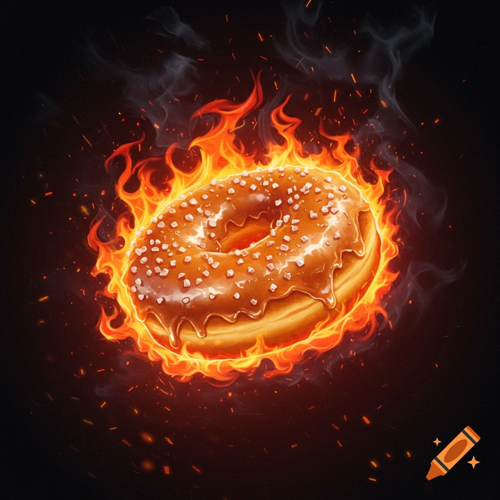 A glazed donut with sprinkles, surrounded by vibrant flames and smoke on a dark background.