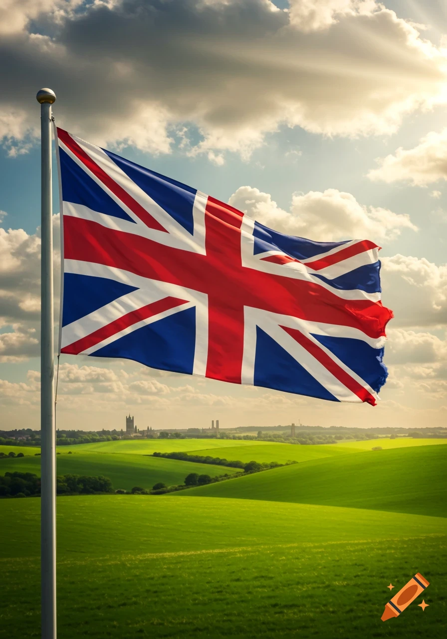 A Union Jack flag waves on a pole against a cloudy sky with sunbeams over rolling green hills and distant buildings.