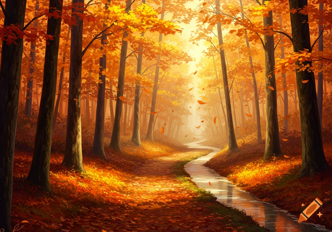 Vibrant autumn forest scene with a path and stream, sunlit orange and yellow foliage, digital painting.