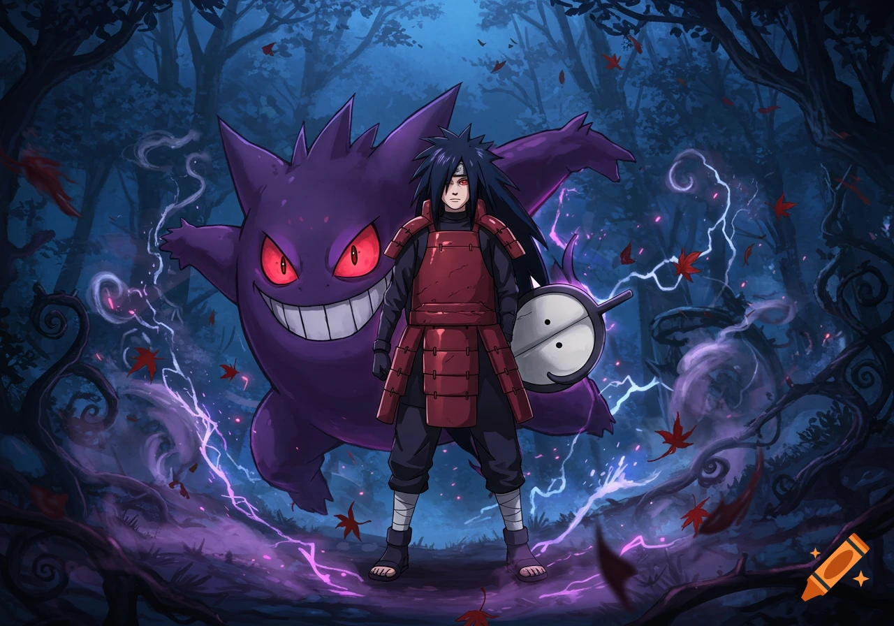 Madara Uchiha and Gengar stand in a dark, magical forest with purple lightning and red leaves in a stylized anime crossover illustration.