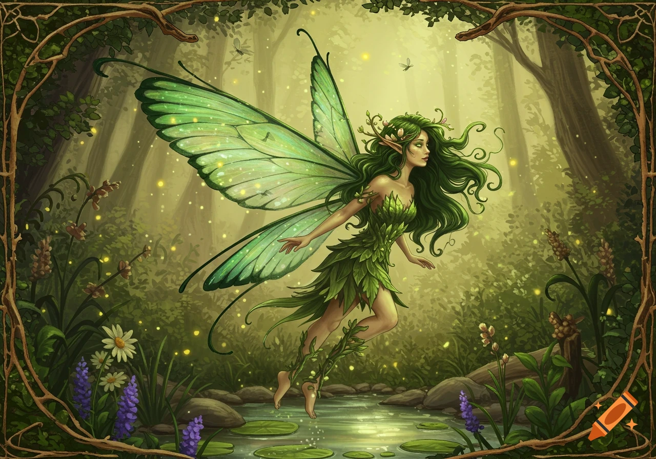 A green fairy with large wings and leafy attire floats over a stream in an enchanted forest, surrounded by glowing particles.
