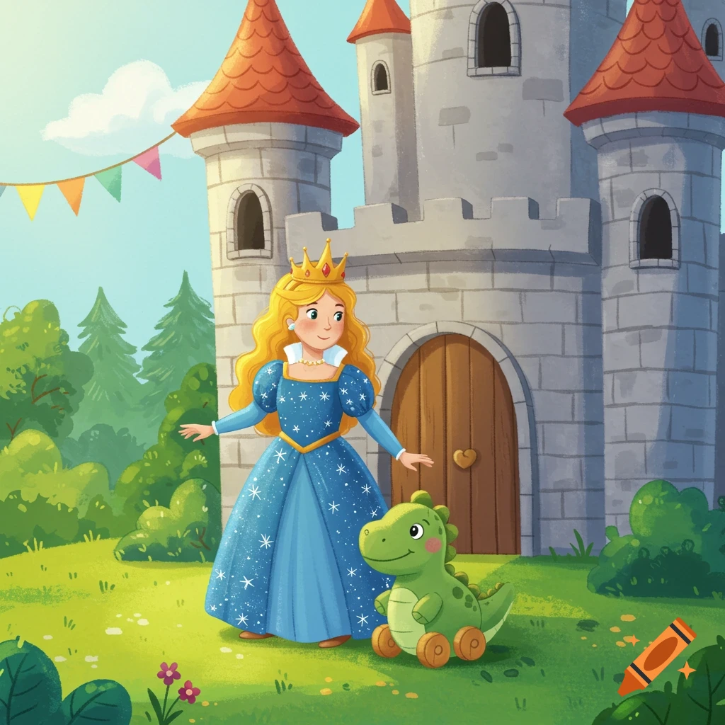 A cartoon princess in a blue dress and gold crown stands in front of a castle with a green toy dinosaur on wheels beside her.