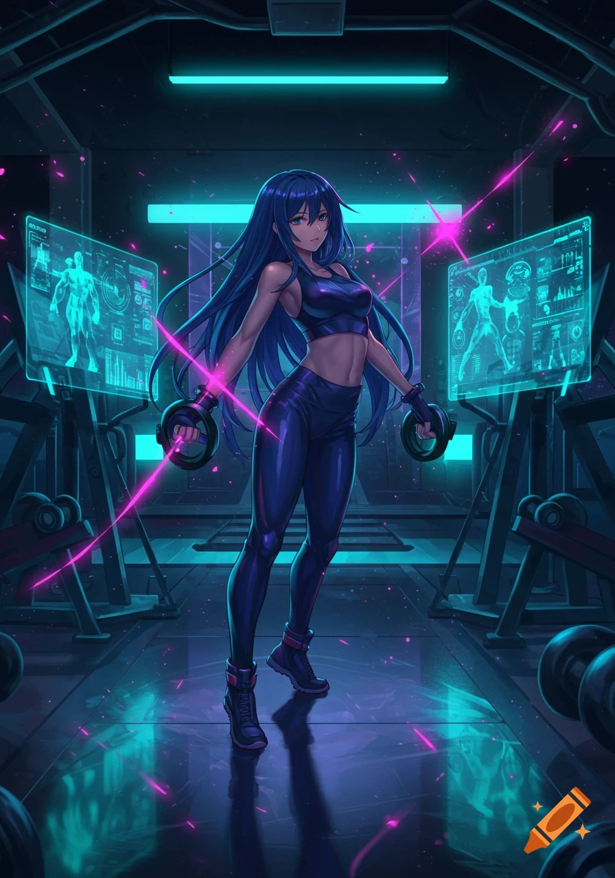 An anime woman in workout gear holds rings in a neon-lit futuristic gym with holographic screens.