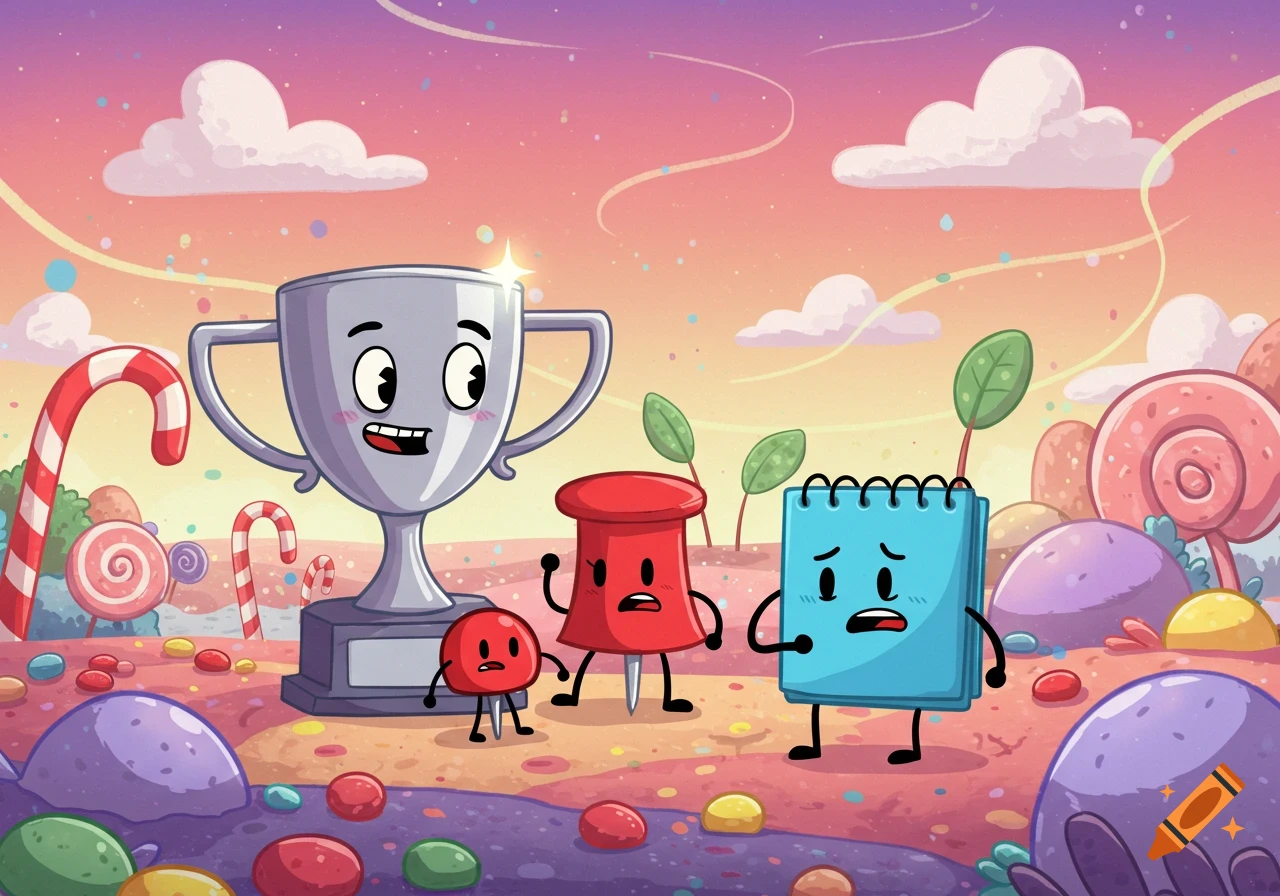 Anthropomorphic trophy, thumbtacks, and notepad characters in a vibrant candy land with lollipops and candy canes.