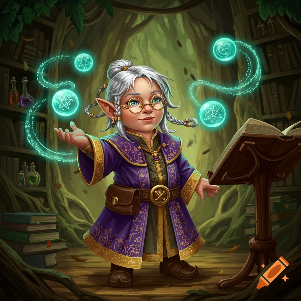 A cute female gnome wizard with white hair, glasses, and a purple robe casts glowing spells in a magical library. Fantasy art.