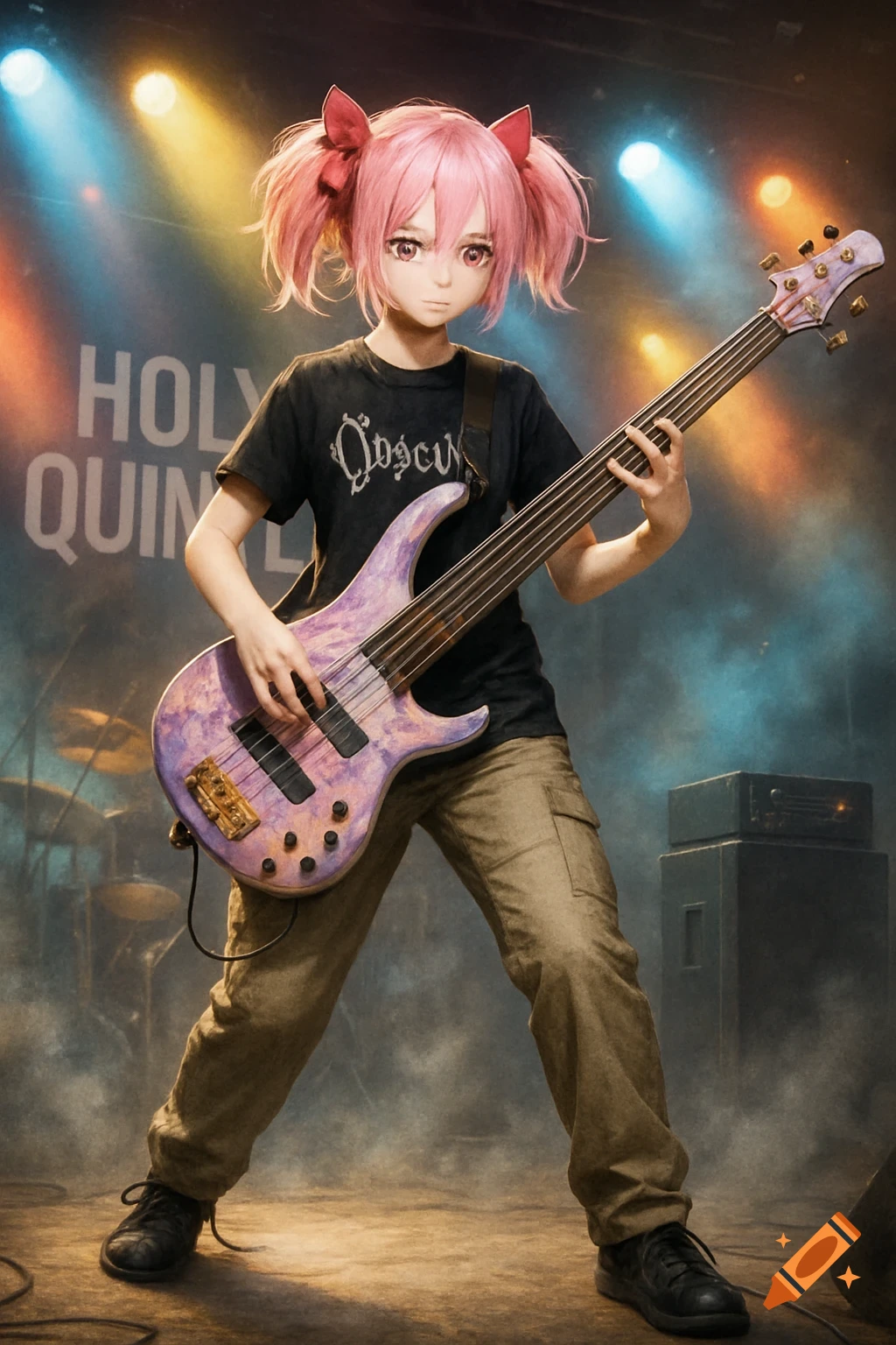 Anime girl with pink pigtails playing a purple six-string bass guitar on a smoky stage with spotlights.