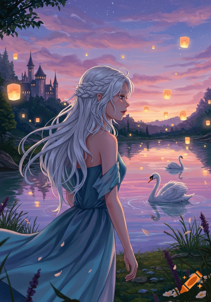 A white-haired woman in a blue dress gazes over a lake with swans, a castle, and flying lanterns at twilight, in an anime art style.