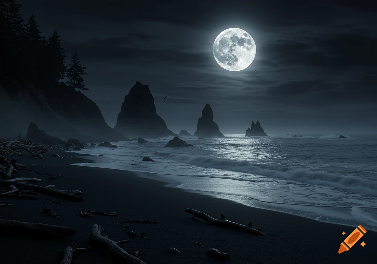 A photorealistic black sand beach at night under a bright full moon, with prominent dark sea stacks and waves crashing on the shore.