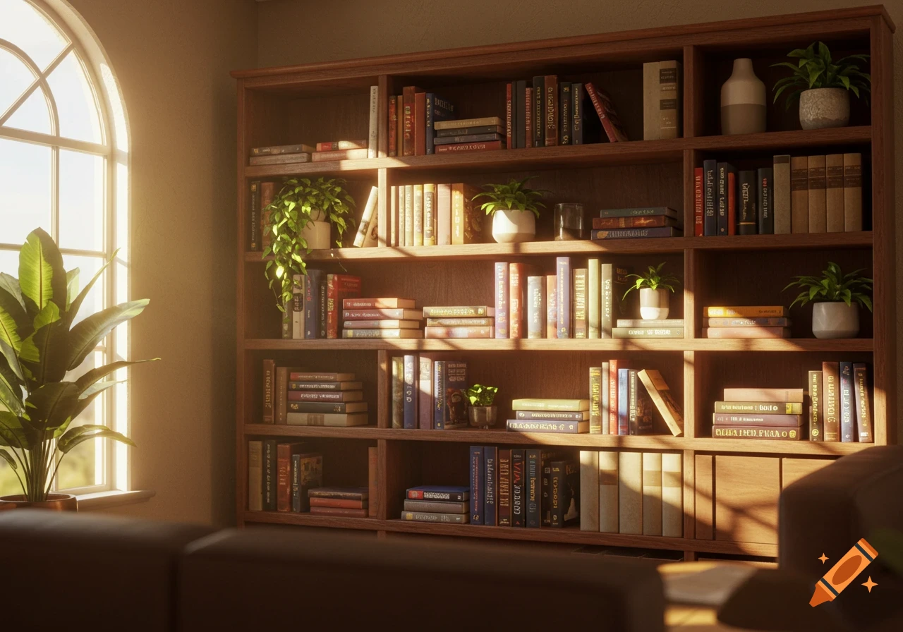 A brightly lit wooden bookshelf filled with books and potted plants next to a large arched window, with a couch visible in the foreground.