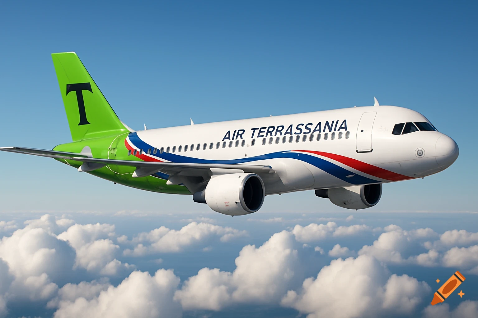 A white airplane with a green tail featuring a black 'T', blue and red stripes, and 'AIR TERRASSANIA' text, flies above white clouds in a clear blue sky.