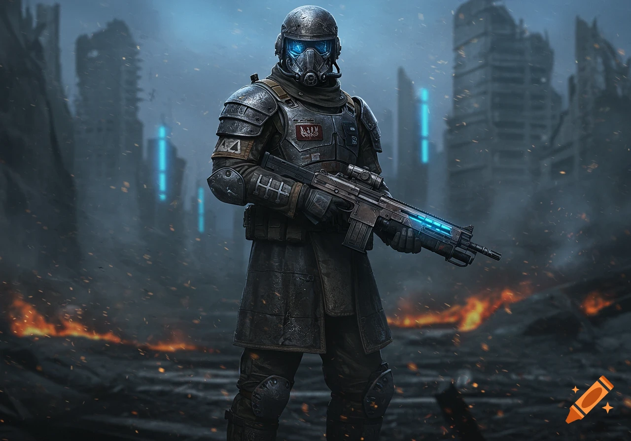 A heavily armored dystopian infantry soldier in a gas mask and helmet, holding a futuristic rifle with glowing blue elements, stands in a desolate, ruined city landscape with debris and fires.