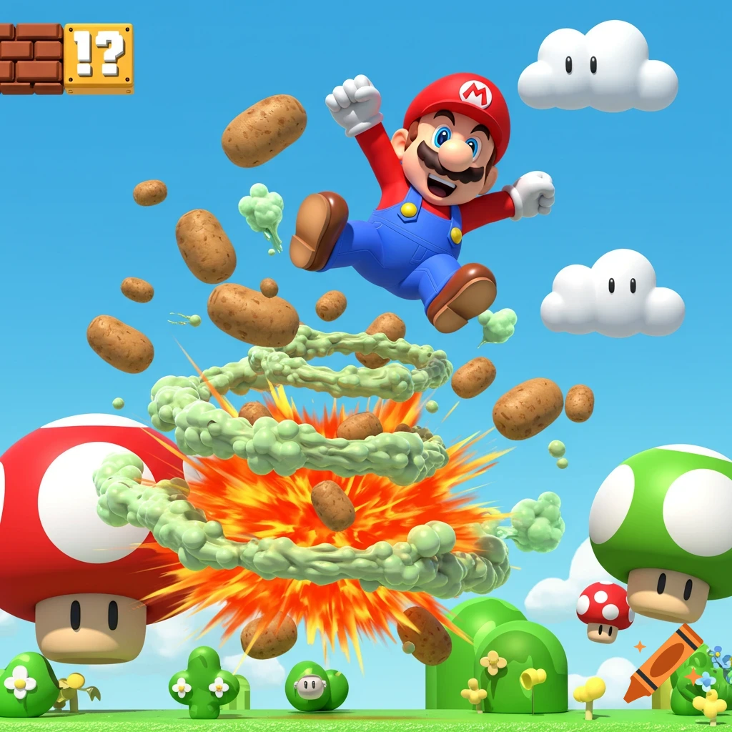 Mario jumps over an explosion spewing green smoke and potatoes in a bright, cartoon Super Mario Bros. landscape with mushrooms and clouds.