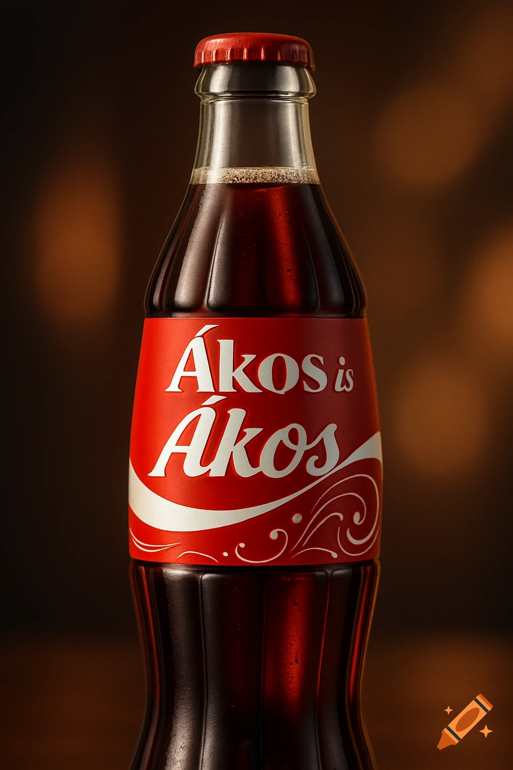 Close-up of a photorealistic dark red soda bottle with a red label reading 'Ákos is Ákos' in white text.