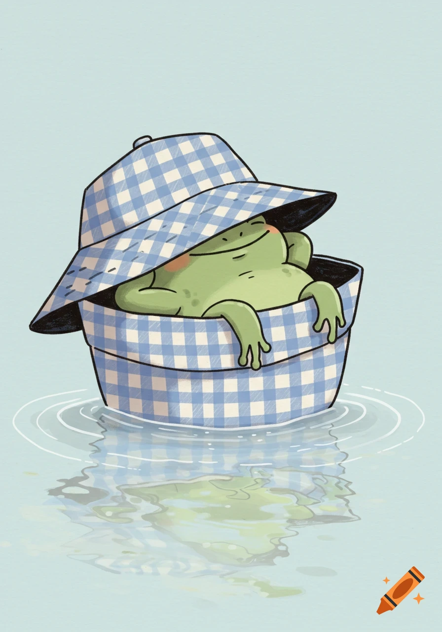 A smiling green frog in a blue and white checkered bucket hat floats on calm water, cartoon illustration style.