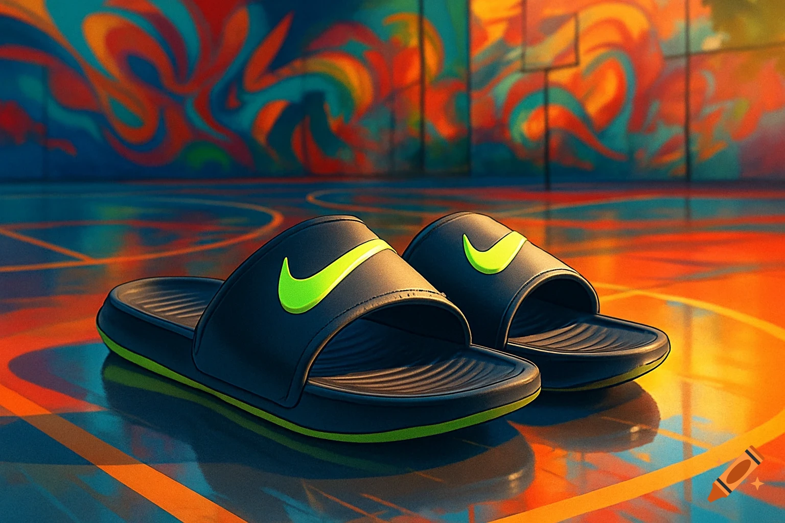 A pair of black Nike slides with neon green swooshes and green trim on a reflective basketball court with abstract graffiti background.