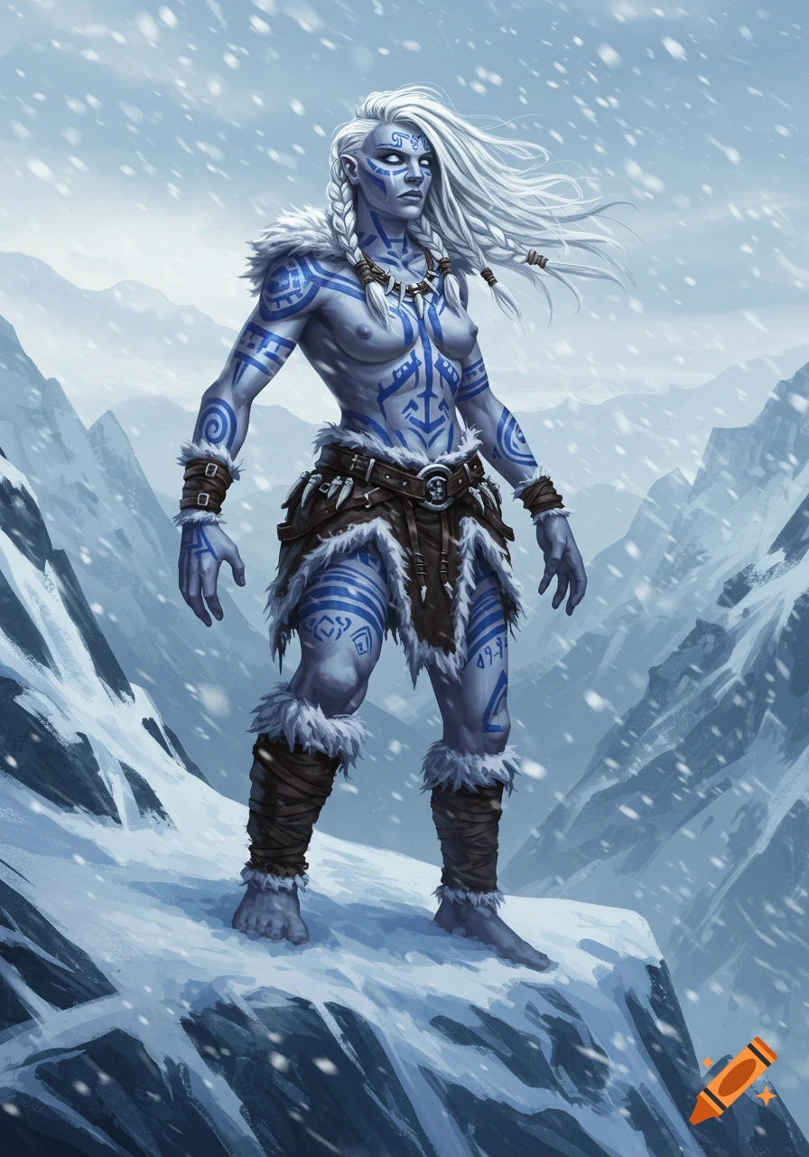 A tall pale-skinned goliath woman with white hair and blue tribal tattoos stands in a snowy mountain landscape.