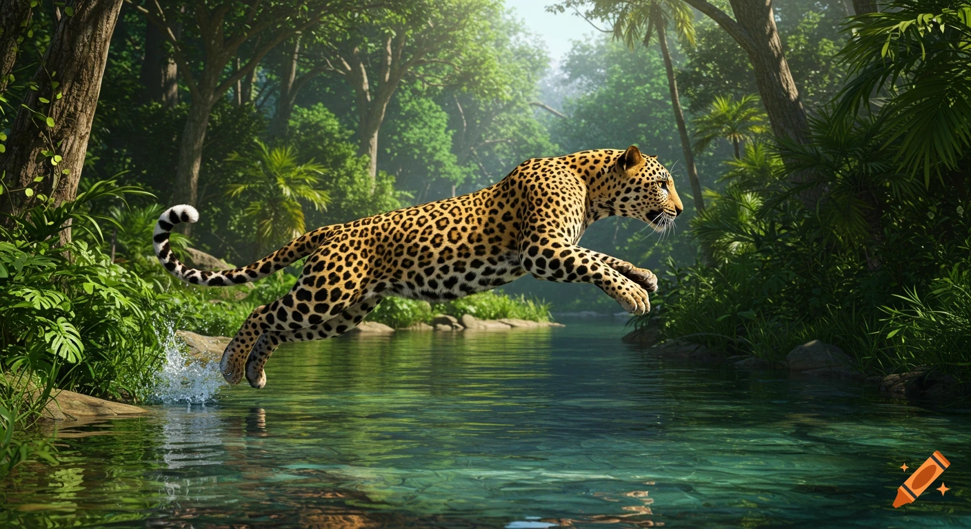 A photorealistic leopard leaps gracefully over a clear river in a lush, sunlit tropical jungle.