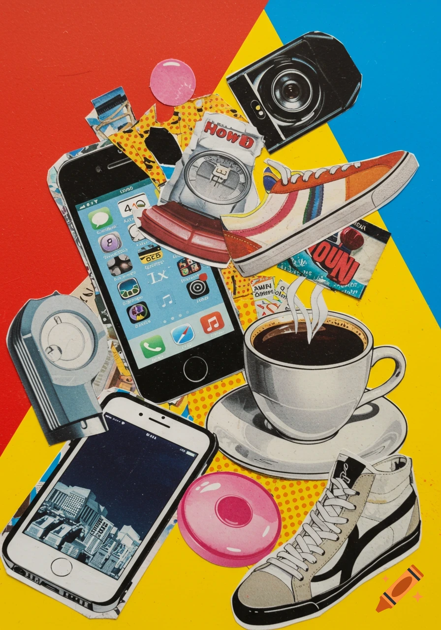 A pop art collage featuring cut-out images of smartphones, a camera, coffee cup, sneakers, and other everyday objects on a color-blocked background.