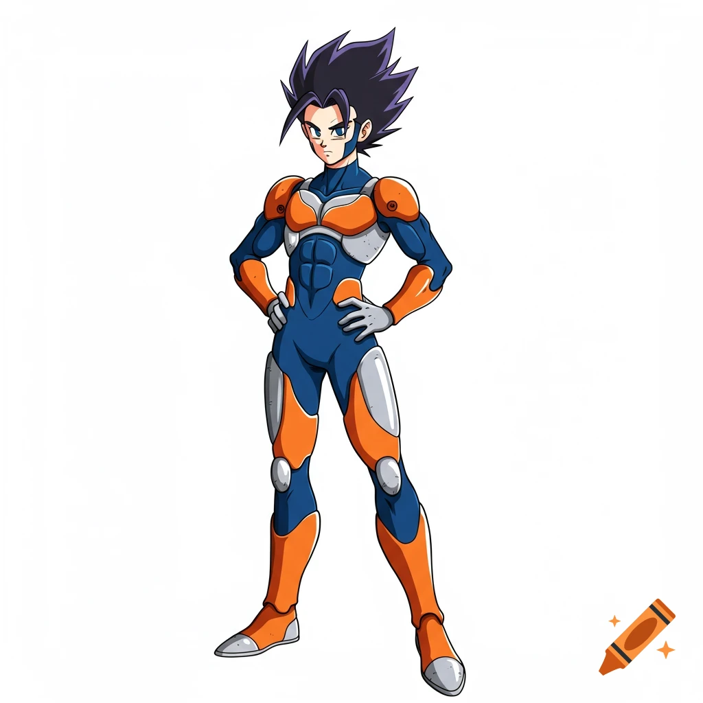 An original anime character in Akira Toriyama's style, wearing a blue, orange, and grey armored suit, standing with hands on hips.