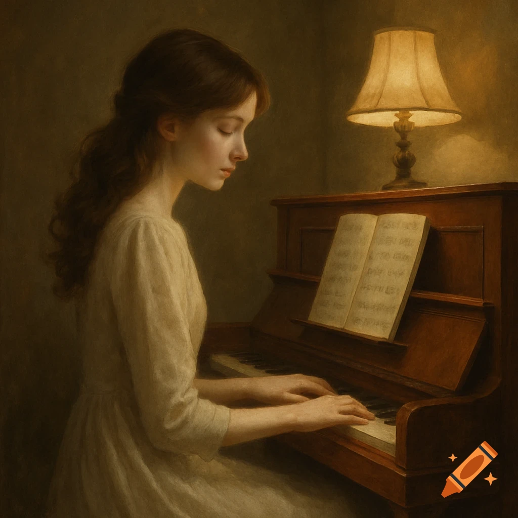 A woman with long brown hair plays a wooden piano in a dimly lit room with a lamp, in a classical painting style.