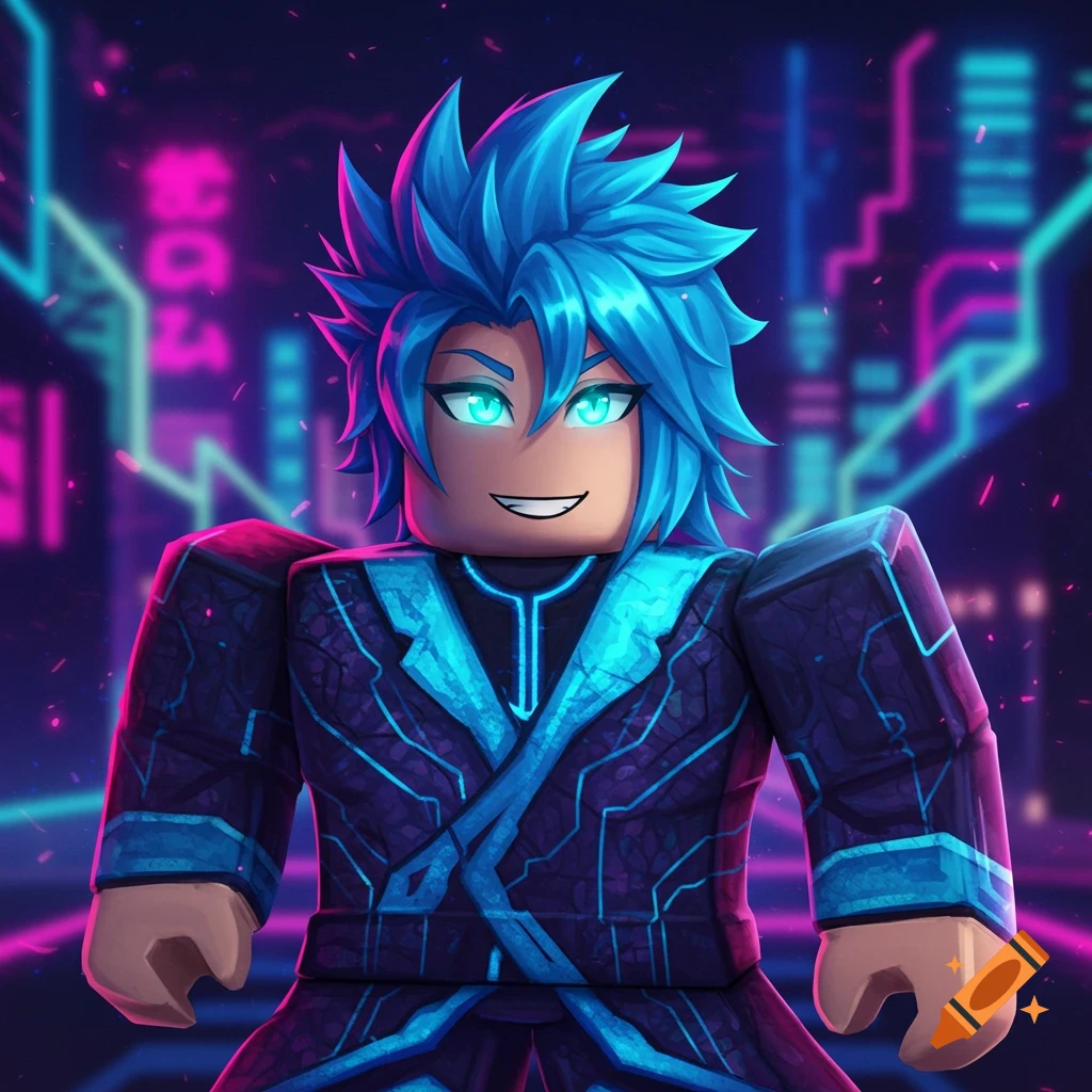 An anime-style Roblox avatar with bright blue hair and glowing eyes, wearing a futuristic outfit, against a neon cyberpunk city.