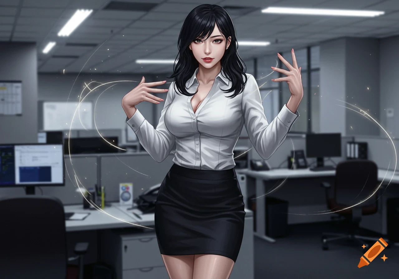 An anime-style illustration of a woman with long black hair, a white button-up shirt, and a black mini-skirt, posing in an office environment with glowing lines around her hands.