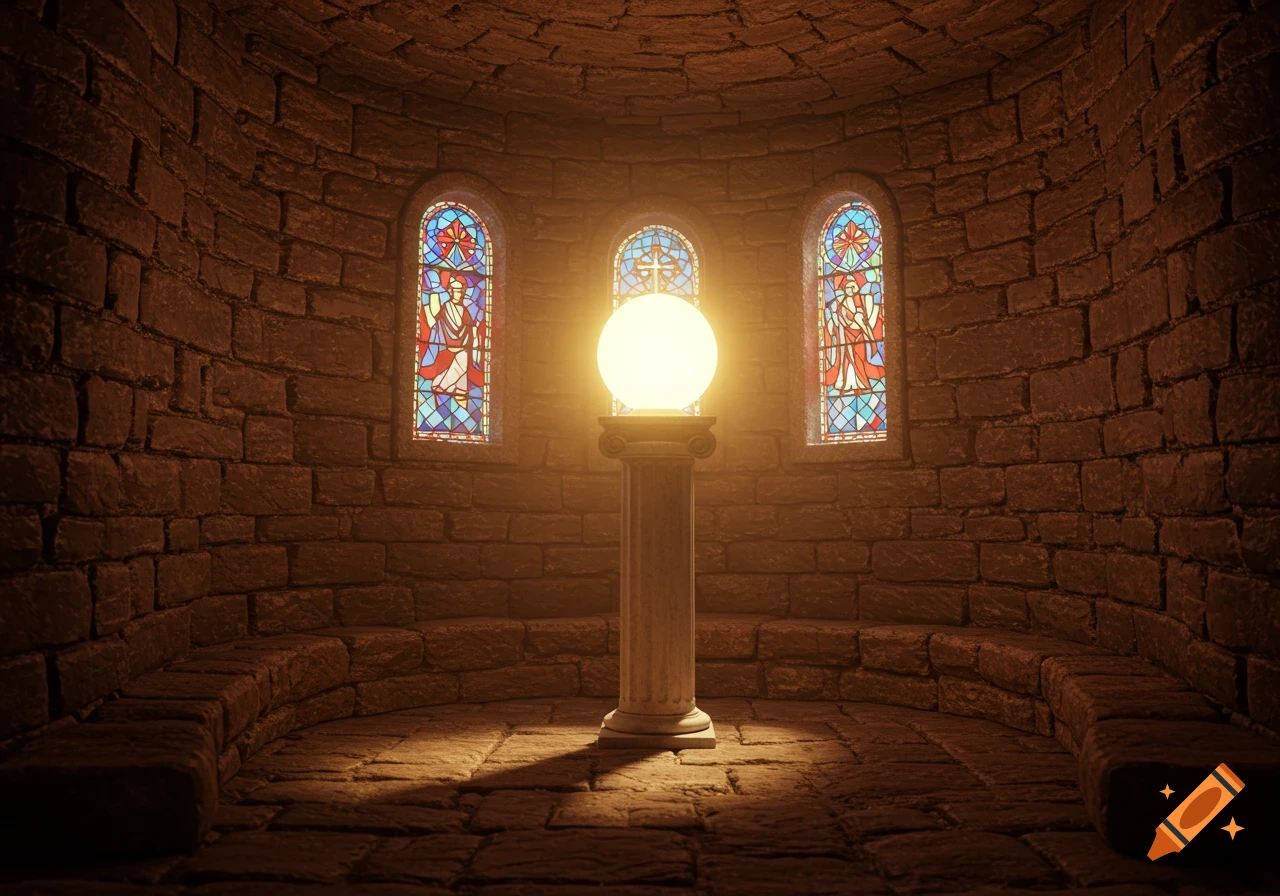 A glowing white sphere on a white column in a round stone alcove with three colorful stained glass windows, cinematic light.