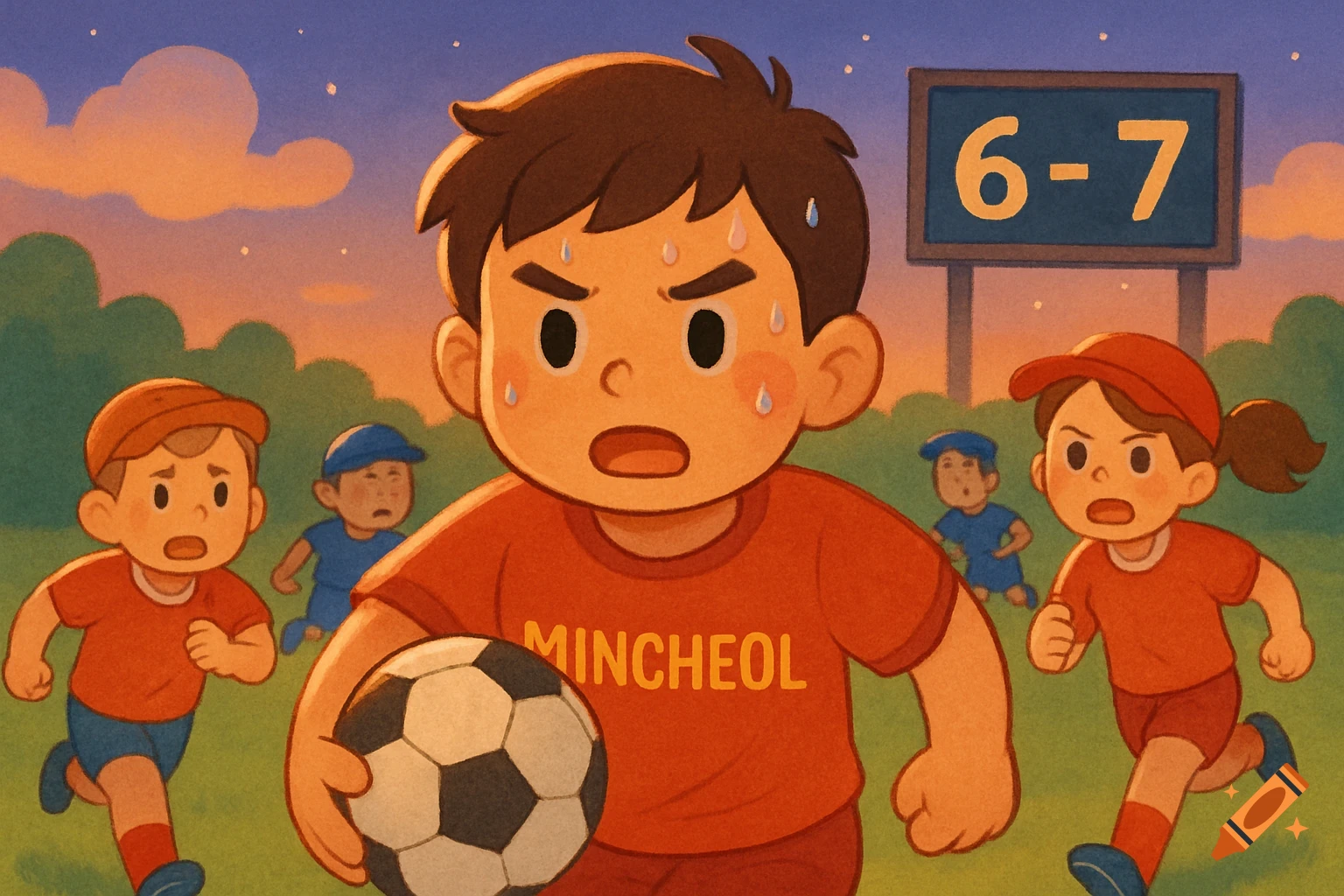 A determined cartoon boy, Mincheol, sweats while holding a soccer ball on a field with his team. A scoreboard shows 6-7.